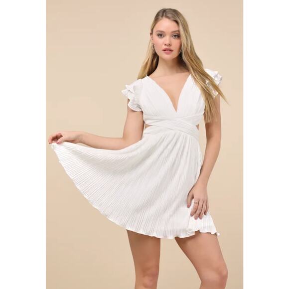 NEW Lulus Captivating Delight White Plisse Satin Lace-Up Mini Dress - Picture 1 of 14